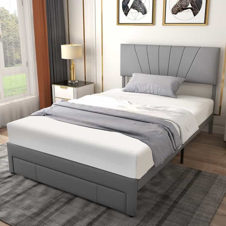 Full/Queen Size Upholstered Bed Frame With Drawer And Adjustable Headboard-Full Size