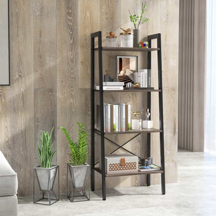 4-Tier Bookshelf With Metal Frame And Adjustable Foot Pads-Oak