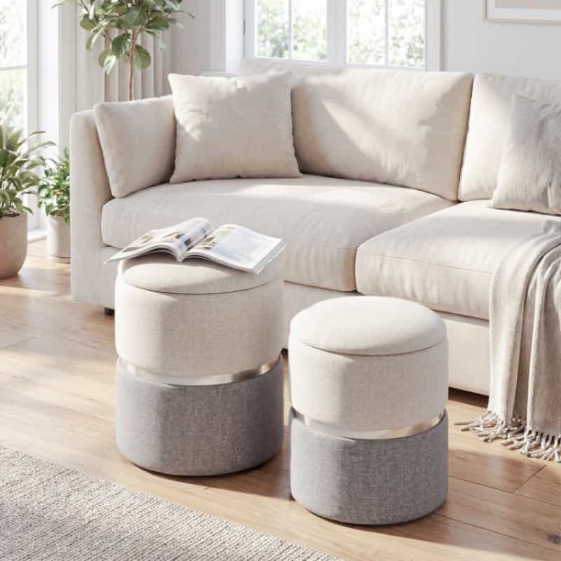 Velvet/Linen Fabric Storage Ottoman Set Of 2-Gray