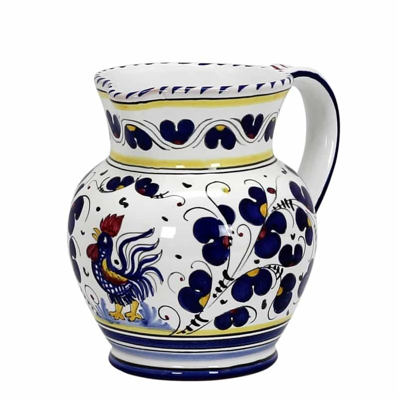 Orvieto Blu Rooster: Traditional Deruta Pitcher (1.25 Liters/40 Oz/5 Cups)