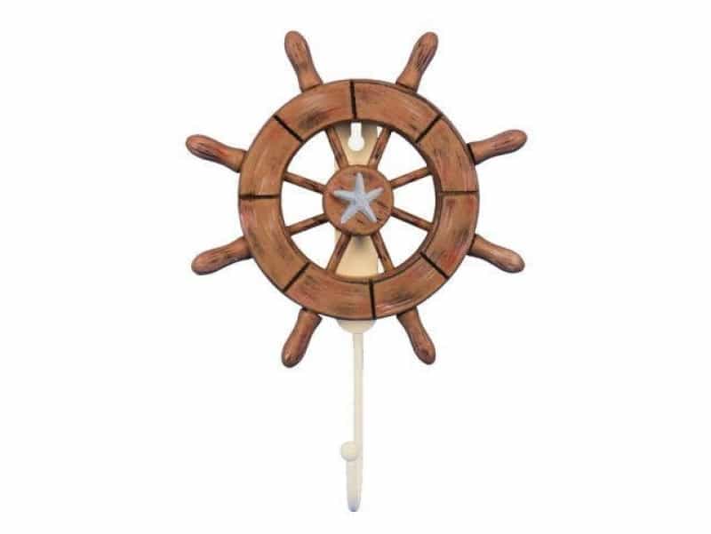 Rustic Wood Finish Decorative Ship Wheel With Starfish And Hook 8"