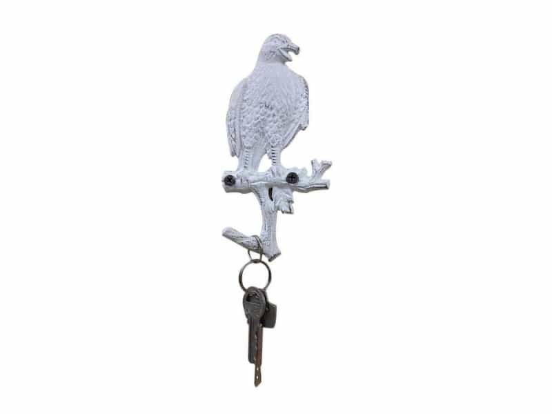 Whitewashed Cast Iron Eagle Sitting On A Tree Branch Decorative Metal Wall Hook 6.5"