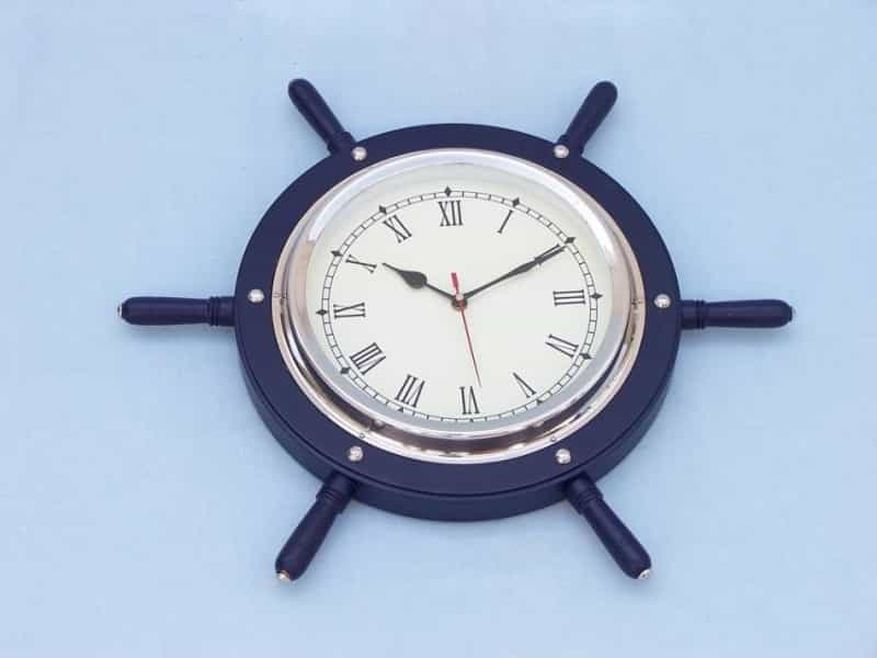Dark Blue Wood And Chrome Ship Wheel Clock 15"