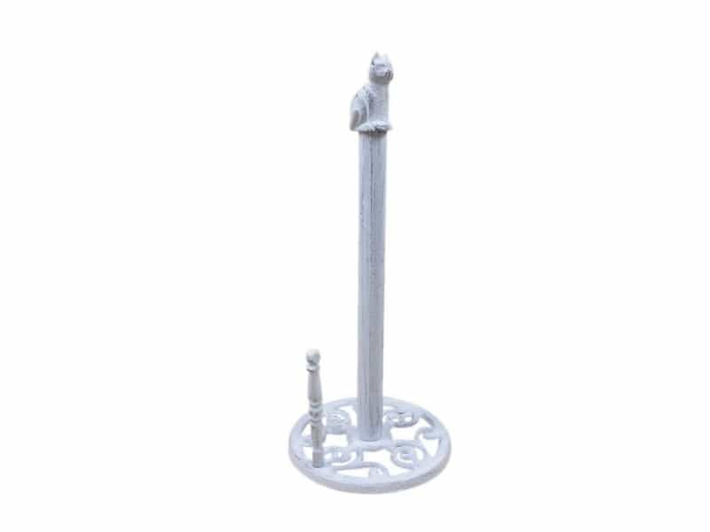 Whitewashed Cast Iron Sitting Owl Kitchen Paper Towel Holder 16"