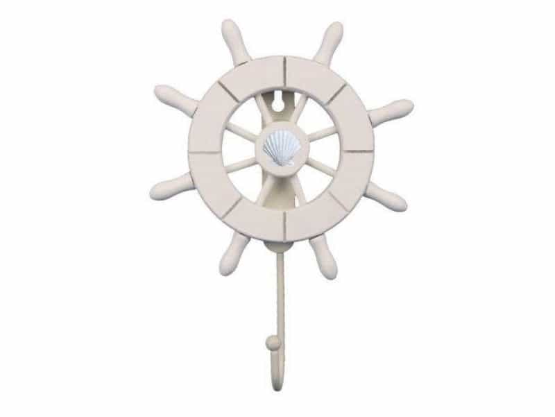 White Decorative Ship Wheel With Seashell And Hook 8"