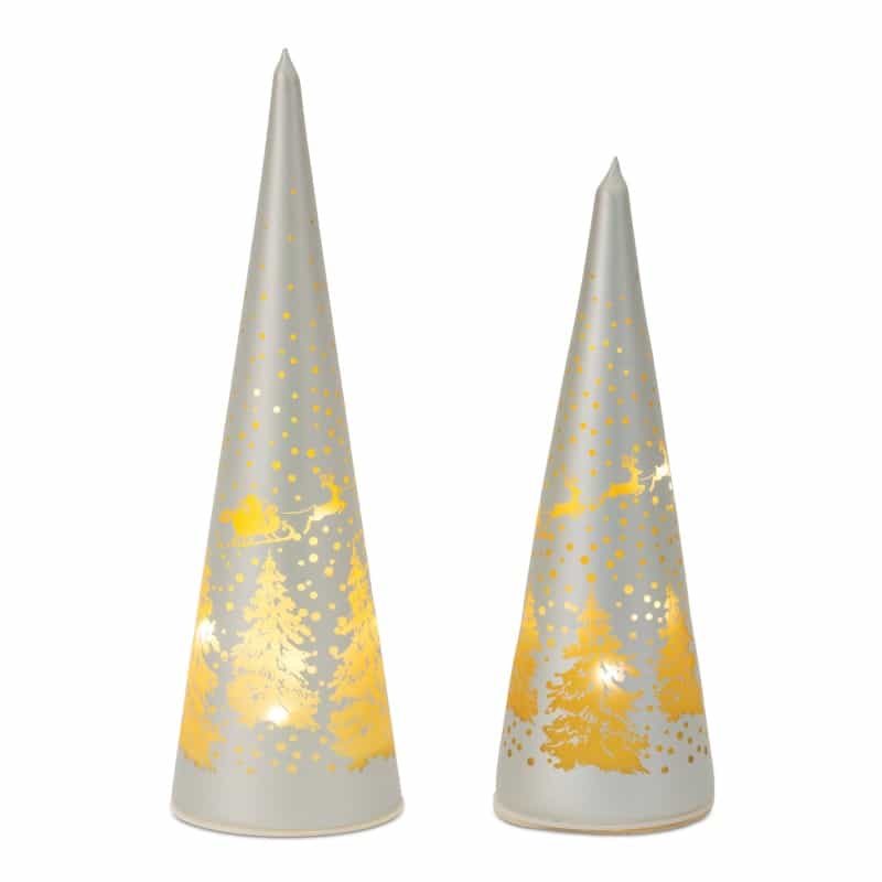 Led Tree (Set Of 2) 10"H, 11.5"H Glass 3 Aa Batteries, Not Included