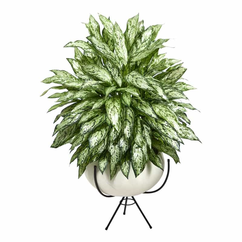 4’ Silver Queen Artificial Plant In White Planter With Metal Stand