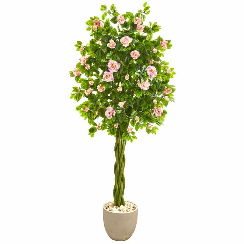 6’ Rose Artificial Tree In Sand Stone Planter