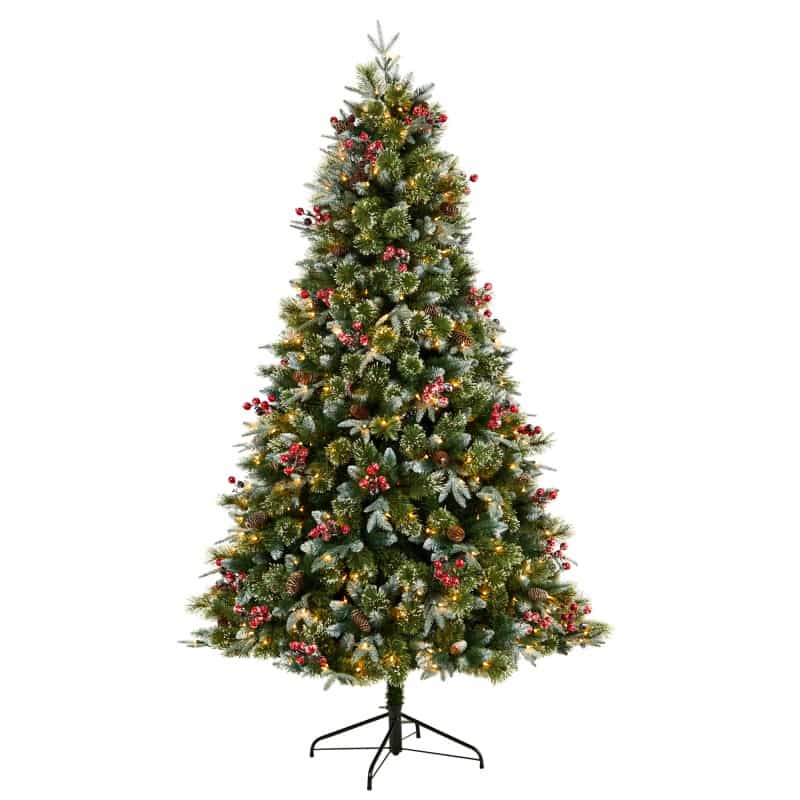 7.5' Snow Tipped Aspen Spruce Pre-Lit Tree With 450 Led Lights, Berriesand Pinecones