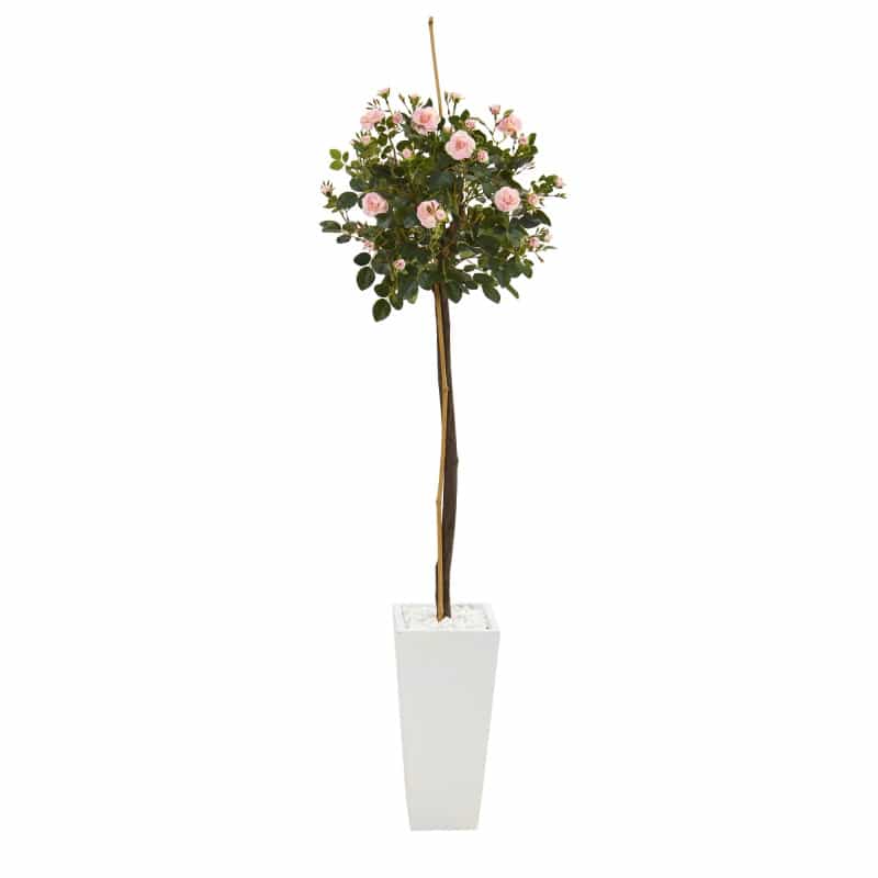 5’ Rose Topiary Artificial Tree In White Planter