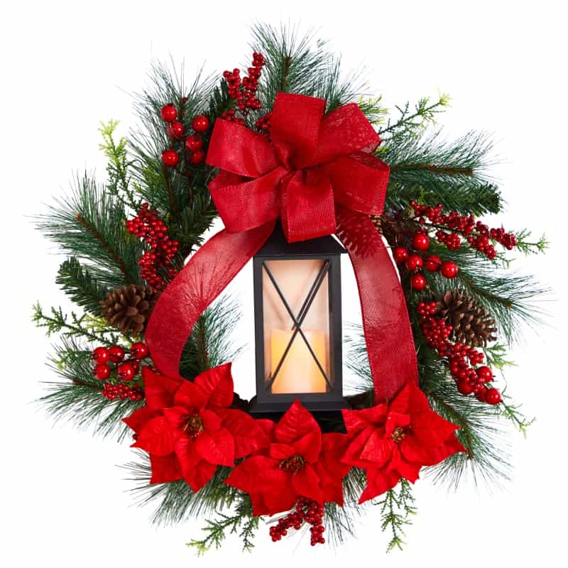 28” Poinsettia And Berry Holiday Lantern Christmas Wreath With Led Candle