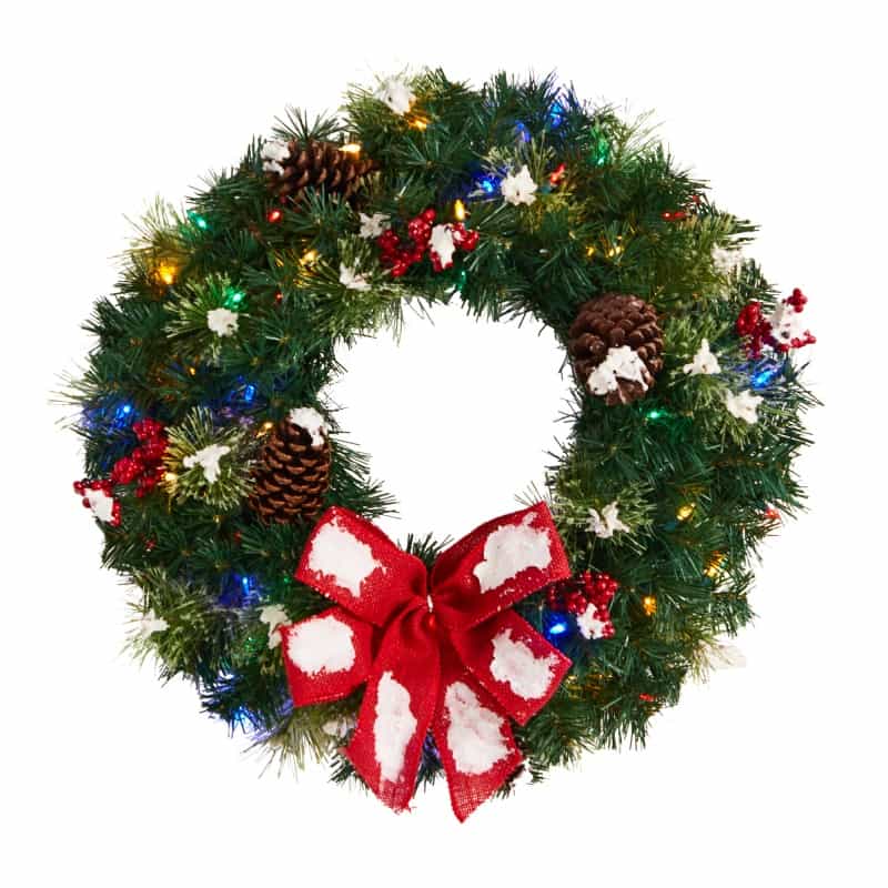 24” Snow Tipped Berry And Pinecone Artificial Wreath With Bow And 50 Multi-Colored Led Lights