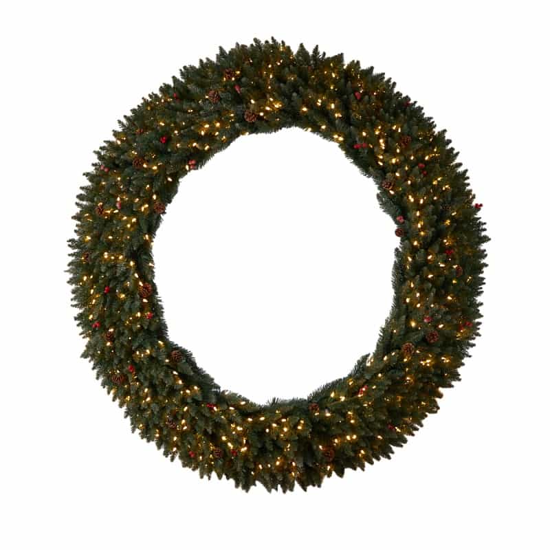 6’ Large Flocked Wreath With Pinecones, Berries, 600 Clear Led Lights And 1080 Bendable Branches