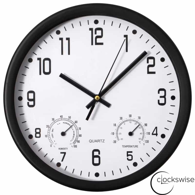 Clockswise Non-Ticking Quartz Wall Clock With Thermometer & Hygrometer - Battery Operated Plastic Analog Clock For Temperature & Humidity Monitoring - Ideal For Home, Office Or School, Black
