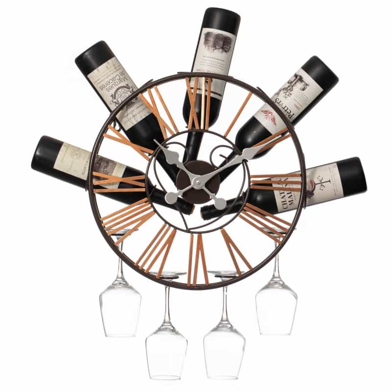 Wall-Mounted Clock Design Wine Holder With Stemware Rack - Unique Shelf For Champagne, White & Red Wine Organizer With 4 Glass Holders, Wine Bottle Display For Home, Kitchen And Bar Decor