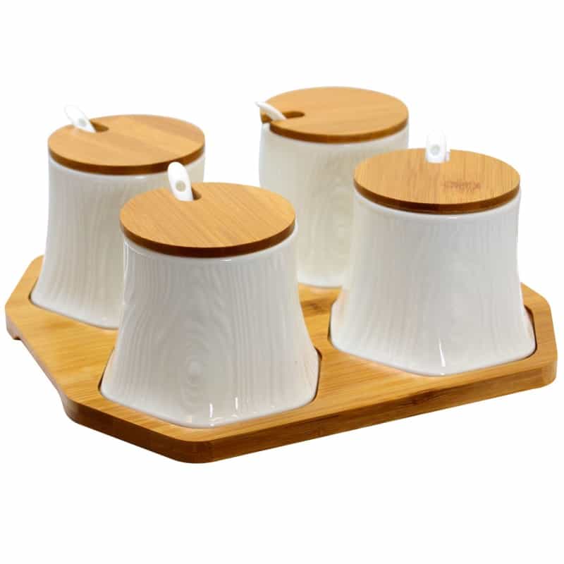 Elama Ceramic Spice, Jam And Salsa Jars With Bamboo Lids & Serving Spoons