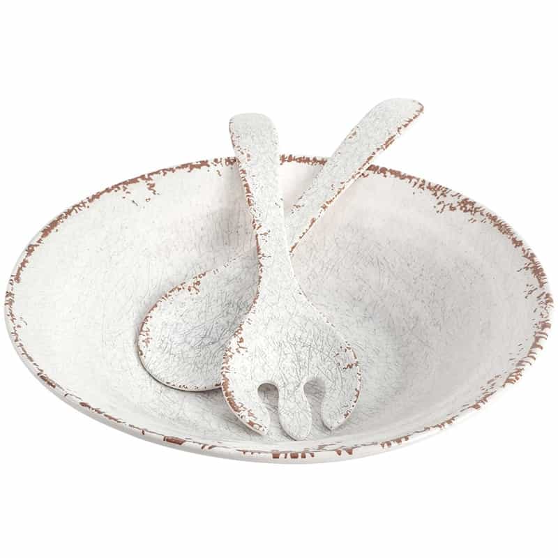 Laurie Gates Mauna 3 Piece Melamine Serving Bowl Set In White With Serving Utensils