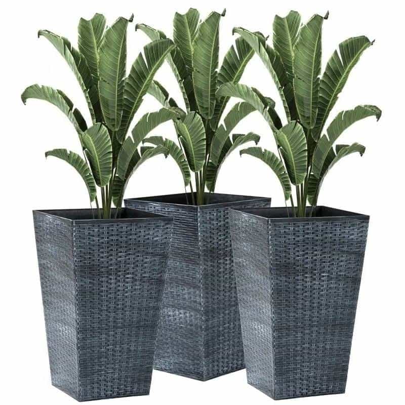Set Of 3 - Grey Faux Rattan Plastic Tall Large Flower Pots