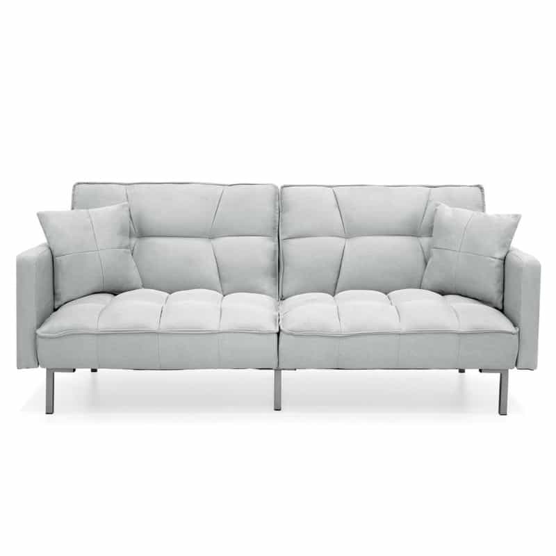 Plush Gray Split-Back Design Convertible Linen Tufted Futon W/ 2 Pillows