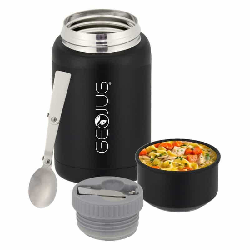 Brentwood Geojug 17Oz Insulated Stainless Steel Food Jar In Black With Bowl And Folding Spoon