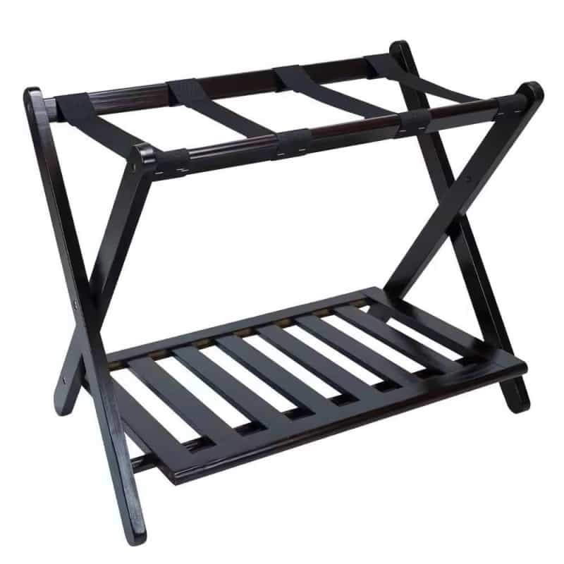 Heavy Duty Solid Wood Luggage Rack With Bottom Storage Shelf In Dark Brown