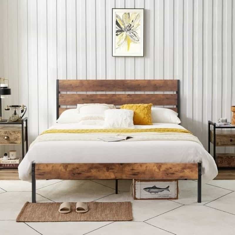 Full Industrial Platform Bed Frame With Brown Wood Slatted Headboard Footboard