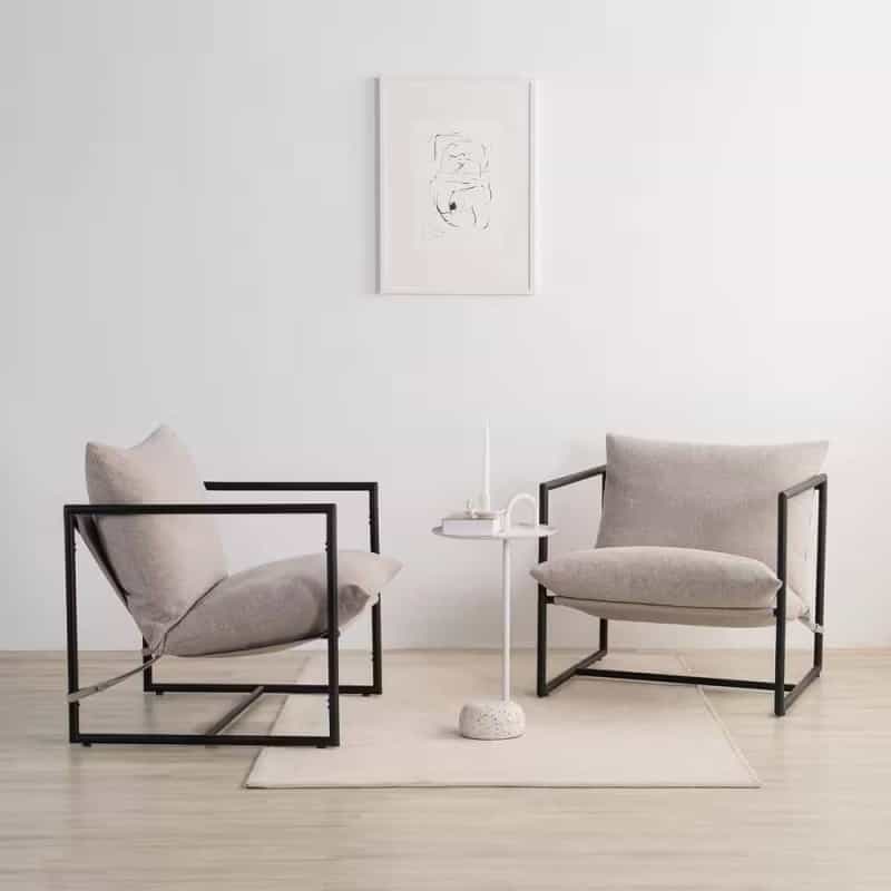 Modern Beige Grey Tan Oatmeal Upholstered Accent Chair With Metal Frame