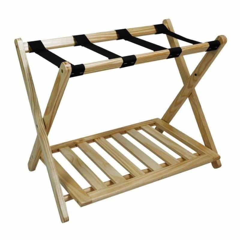 Solid Wood Luggage Rack With Bottom Storage Shelf In Natural With Black Straps