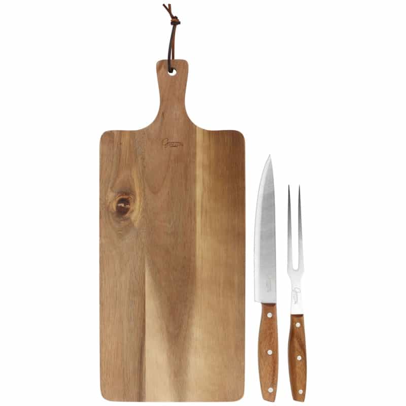 Gibson Elite 3 Piece Acacia Wood Serving Board With Carving Knife And Fork In Brown