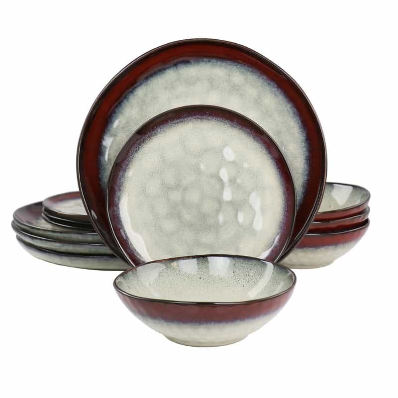 Elama Samara 12 Piece Stoneware Dinnerware Set In Red And Off White