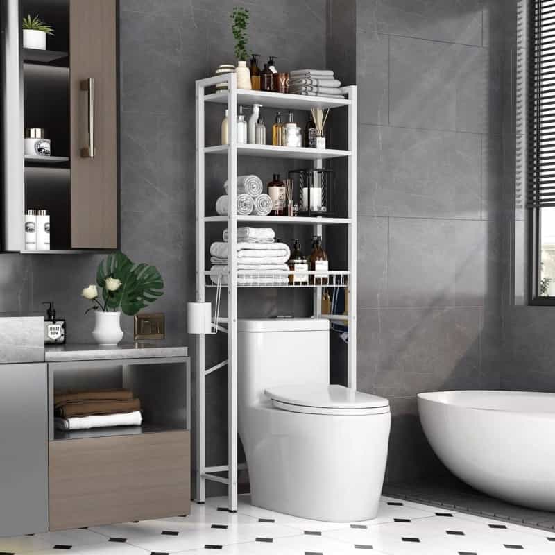 White Over The Toilet Storage Freestanding Industrial Metal Wood Shelving Unit