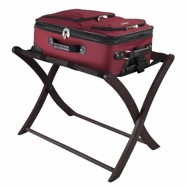 Solid Wood Folding Luggage Rack In Dark Brown Finish With Black Nylon Straps