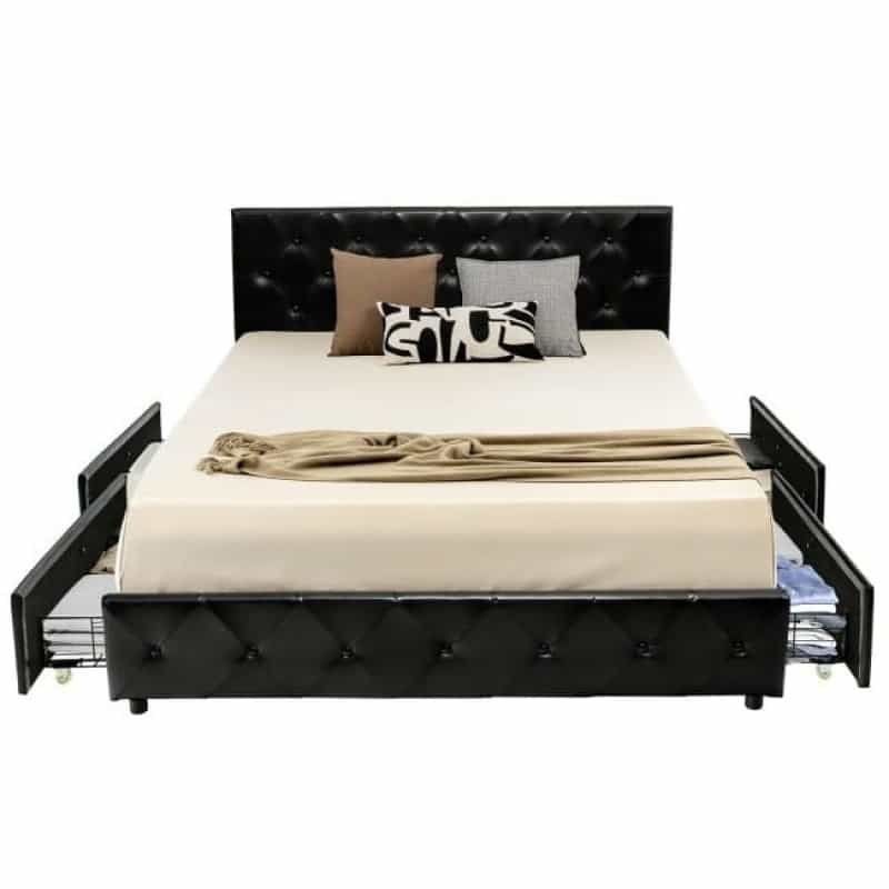 Full Size Black Pu Leather Button Tufted Platform Bed With 4 Storage Drawers