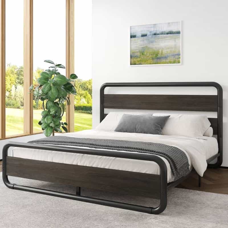 Full Heavy Duty Round Metal Frame Platform Bed With Black Wood Panel Headboard