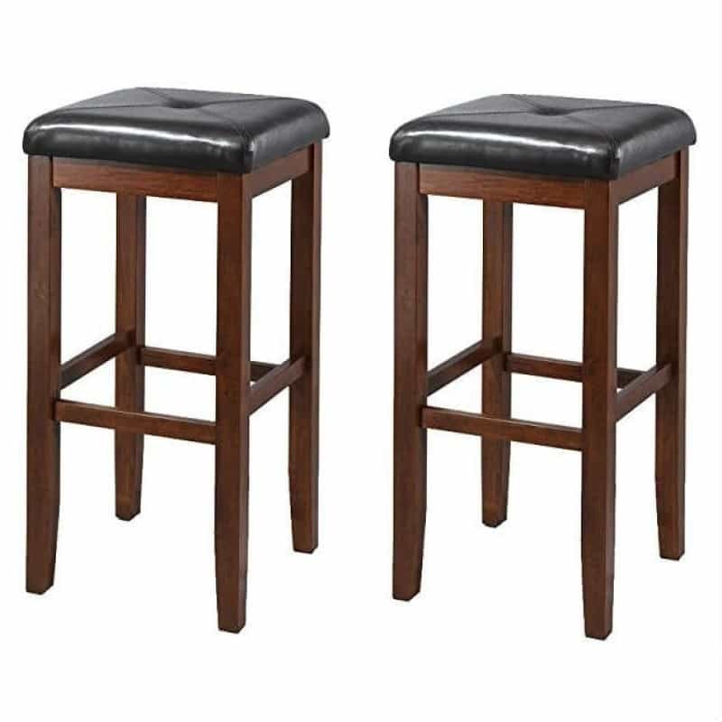 Set Of 2 Vintage Mahogany Stools With Black Upholstered Seat