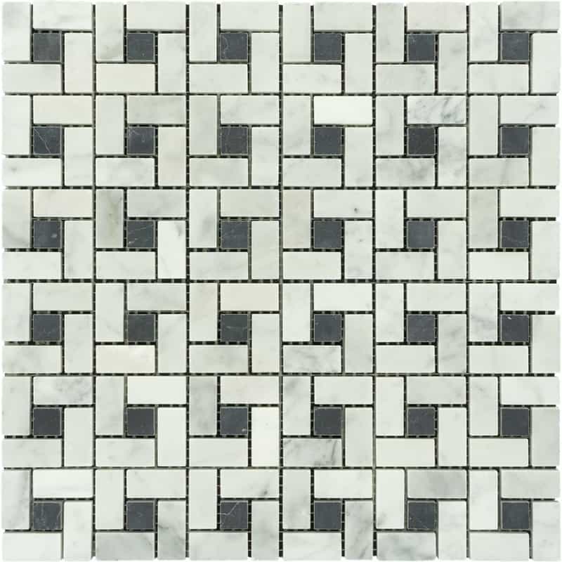 White Carrara Marble Mosaic - 5/8" X 1 1/4" Pinwheel With Black Dots