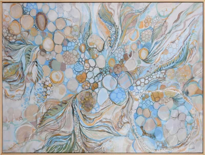 Abstract Coastal Beige With Natural Wood Frame