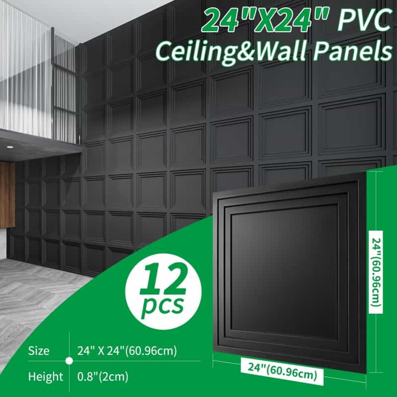 A10925bk12-Art3d 12-Pack 24X24 Inch Pvc Waterproof Drop Ceiling Tiles For Home déCor - 2X2 Ft 3D Modern Ceiling Panel For Suspended Grid, Black