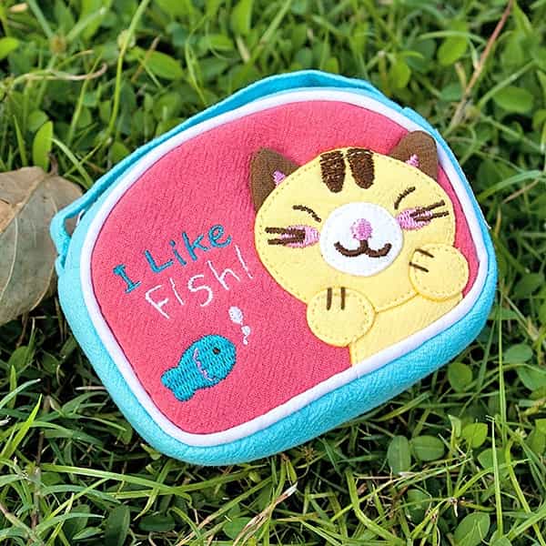 Embroidered Applique Fabric Art Wrist Wallet - Kitty & Fish