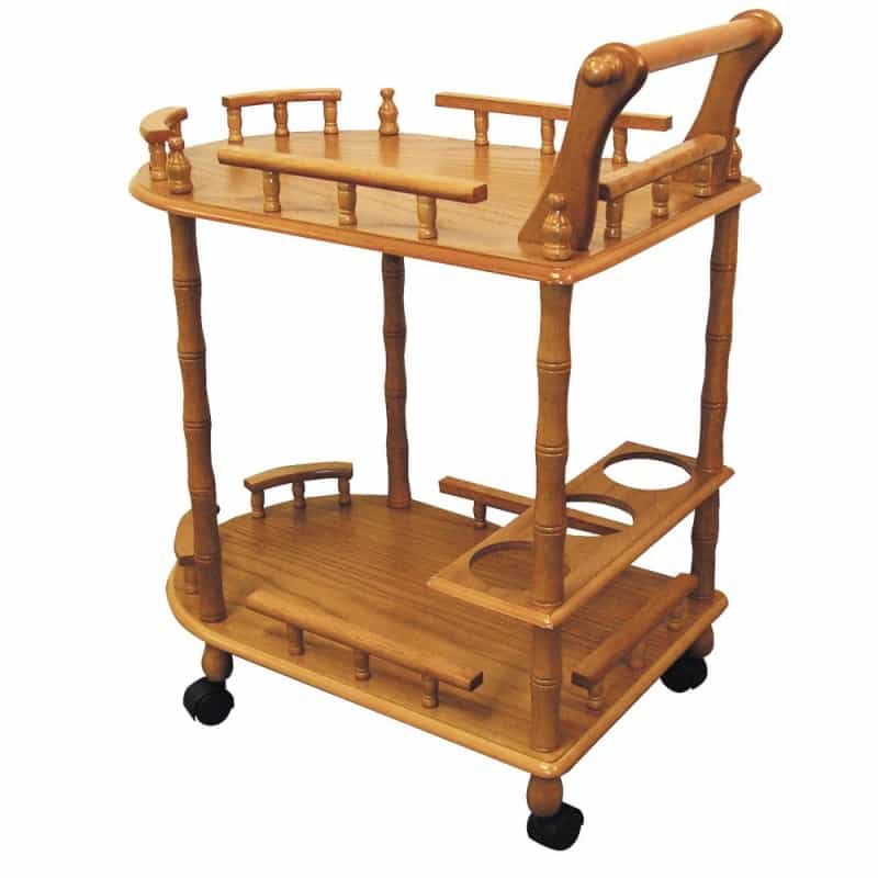 Casters Supported 2 Tier Wooden Wine Table With Turned Legs, Oak Brown