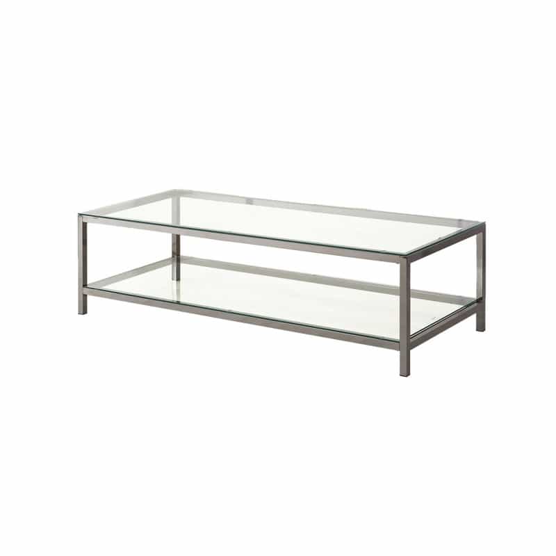 Glass Top Coffee Table With Metal Frame And Open Shelf, Silver