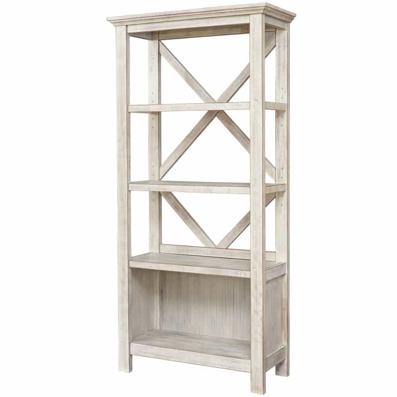 X Shape Back Bookcase With 3 Open Shelves And 1 Open Compartment, White