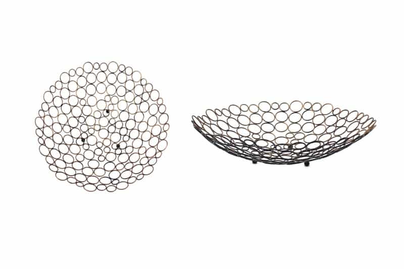 Decorative Metal Tray Set Of 2 With Mesh Design And Ball Support,Gold And Black