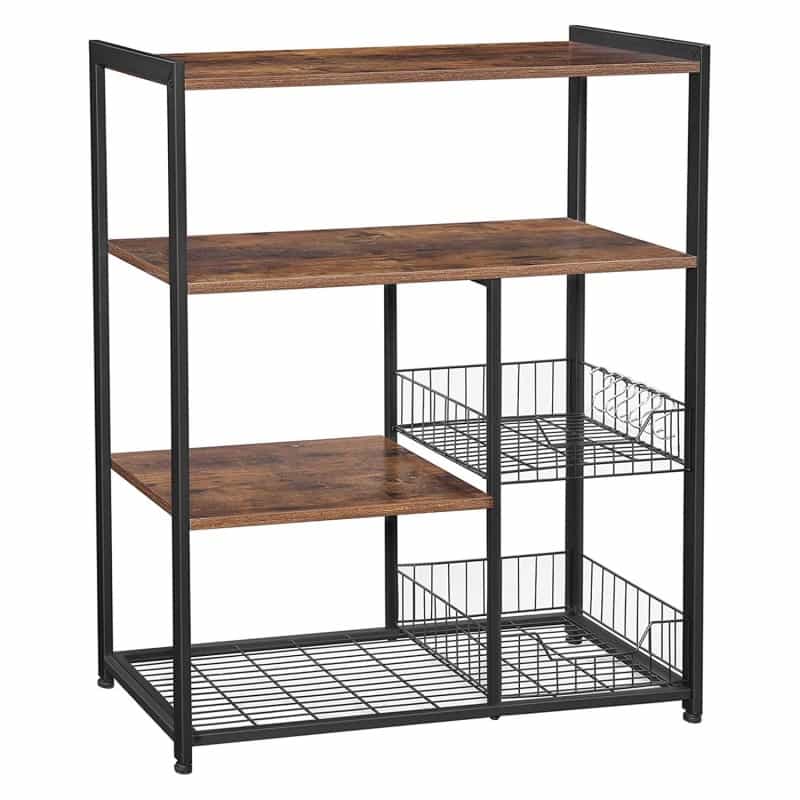 2 Mesh Basket And 6 Hooks Wood And Metal Frame Bakers Rack, Brown And Black