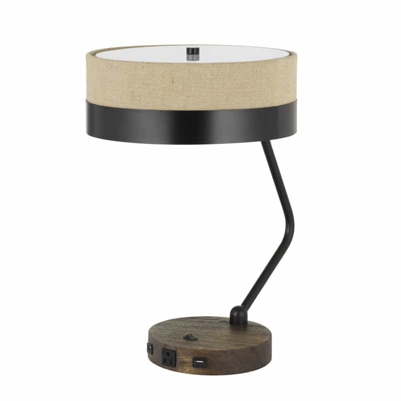 Metal Lined Fabric Shade Desk Lamp With Wooden Base, Beige And Black