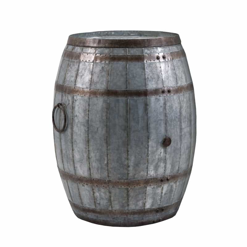 Barrel Drum Shape Storage Table With Removable Lid, Rustic Brown And Gray Metal