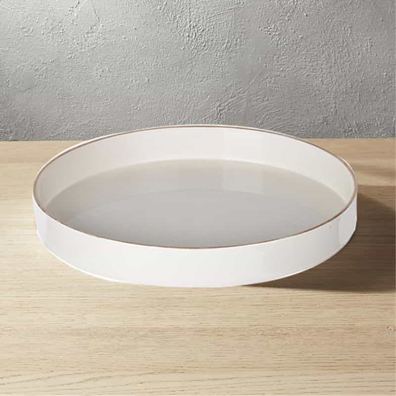 Mimosa Plastic Round Tray, Gold Accented Trims, Glossy White