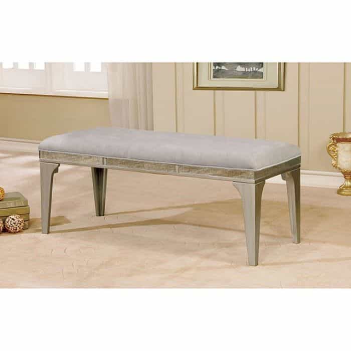 51 Inch Wood Bench, Cushioned Seat, Tapered Legs Support, Gray, Champagne Silver