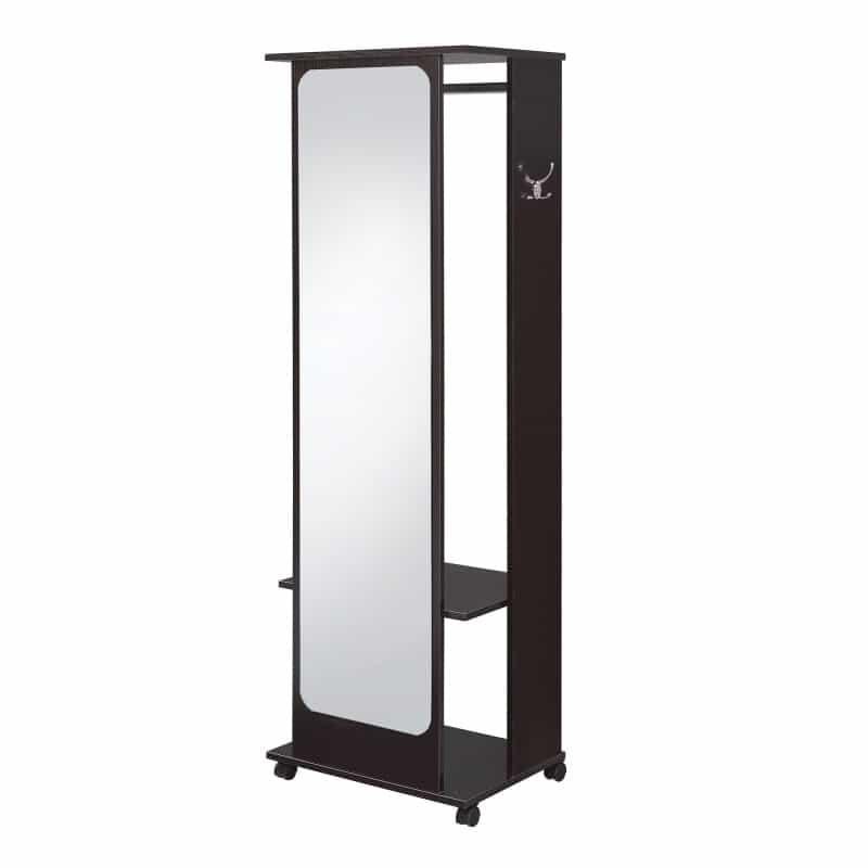 Mirror And Wood Hall Tree With Hanging Rod And Casters, Brown And Silver