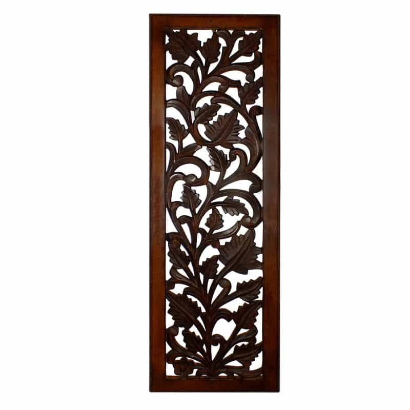 Mango Wood Wall Panel Hand Crafted With Leaves And Scroll Work Motif, Brown